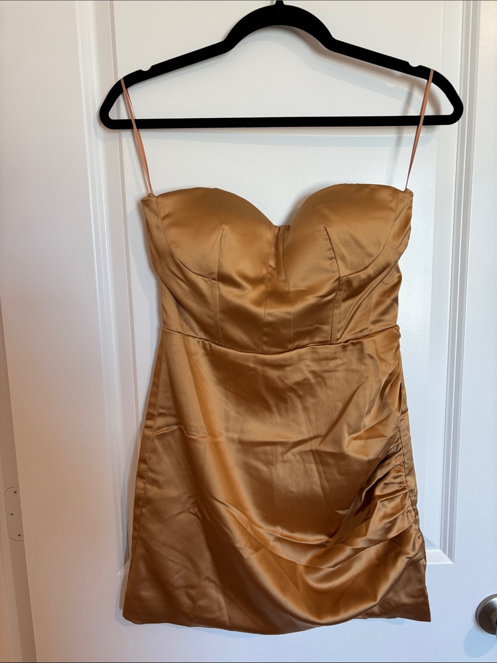 naked wardrobe Gold Satin Strapless Sweetheart Mini Dress
